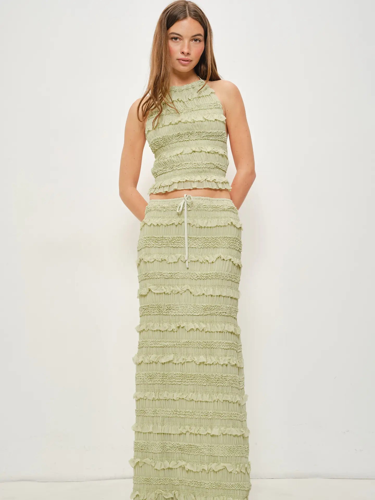 Green Halter Ruffle Crop Top