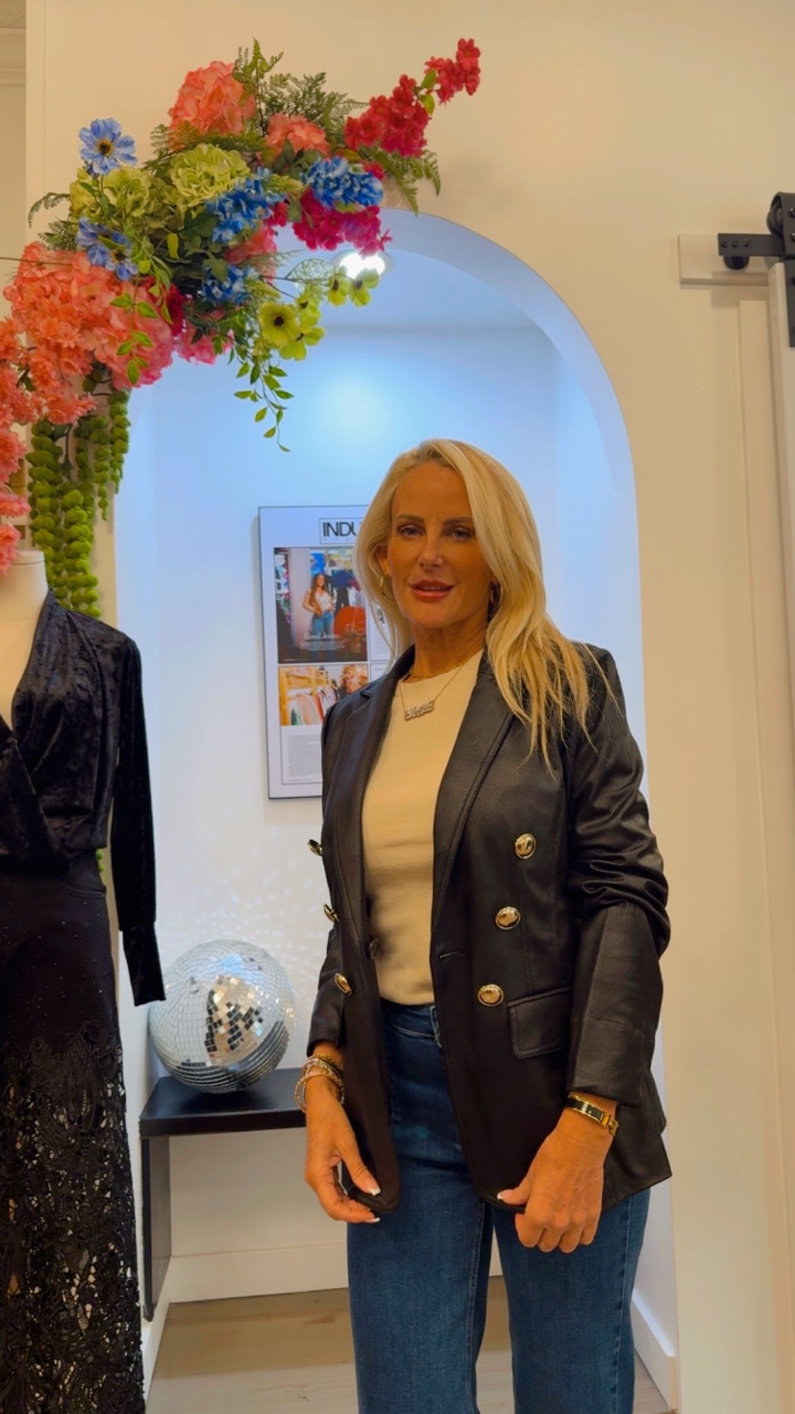 Double-Breasted Leather Blazer with Gold Button Detail