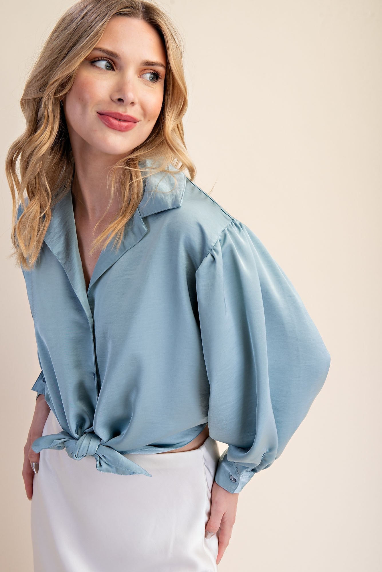 Dusty Blue Button-Up Blouse with Balloon Sleeves and Front Tie