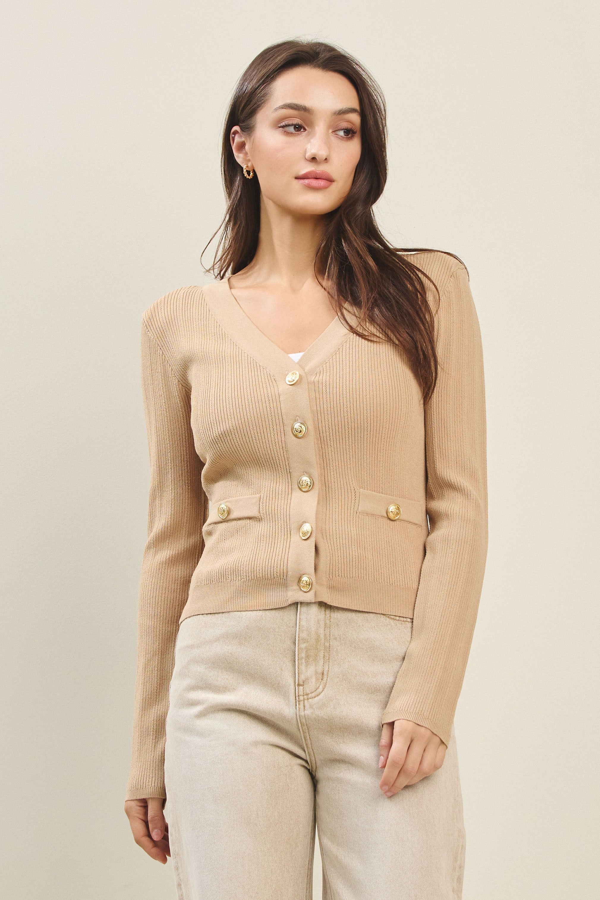 Nude Knit Cardigan with Gold Button Detail