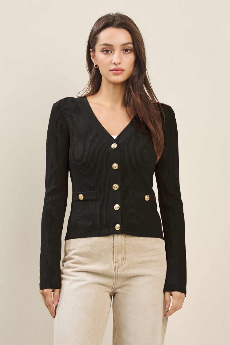 Black Knit Cardigan with Gold Button Detail