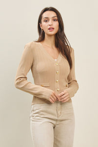 Nude Knit Cardigan with Gold Button Detail