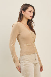 Nude Knit Cardigan with Gold Button Detail