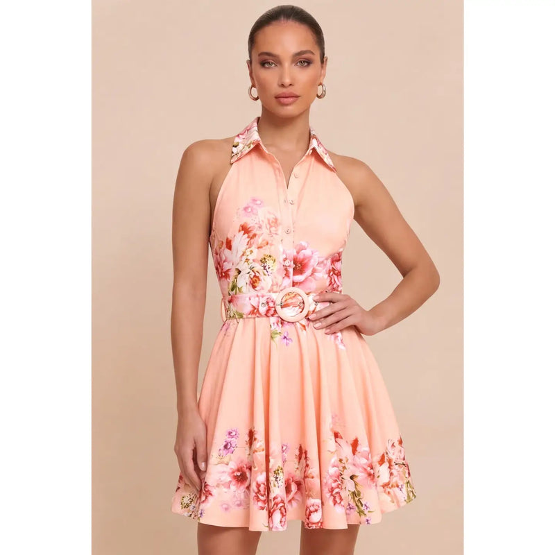 Peach Floral Halter Fit and Flare Mini Dress with Belt Peach Floral Halter Fit and Flare Mini Dress with Belt