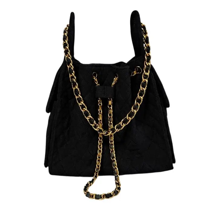 Quilted Bucket Large Bag with Gold Chain Strap and Drawstring Closure