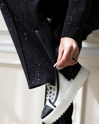 Black Galaxy Print Wide-Leg Pants with Side Zipper Detail