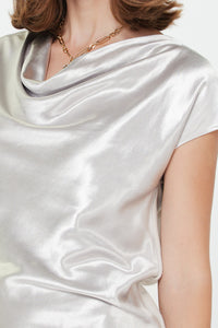 Satin Cowl Neck Cap Sleeve Top -Silver
