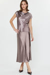 Satin Cowl Neck Cap Sleeve Top - Mocha