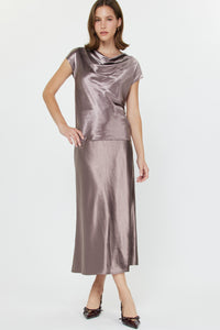 Satin Cowl Neck Cap Sleeve Top - Mocha