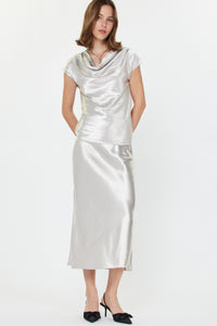 Satin Cowl Neck Cap Sleeve Top -Silver