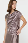 Satin Cowl Neck Cap Sleeve Top - Mocha