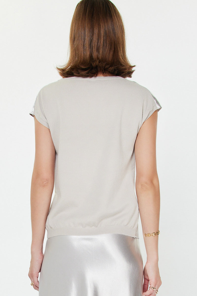 Satin Cowl Neck Cap Sleeve Top -Silver
