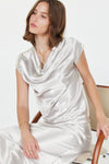 Satin Cowl Neck Cap Sleeve Top -Silver