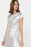 Satin Cowl Neck Cap Sleeve Top -Silver