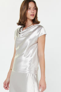 Satin Cowl Neck Cap Sleeve Top -Silver