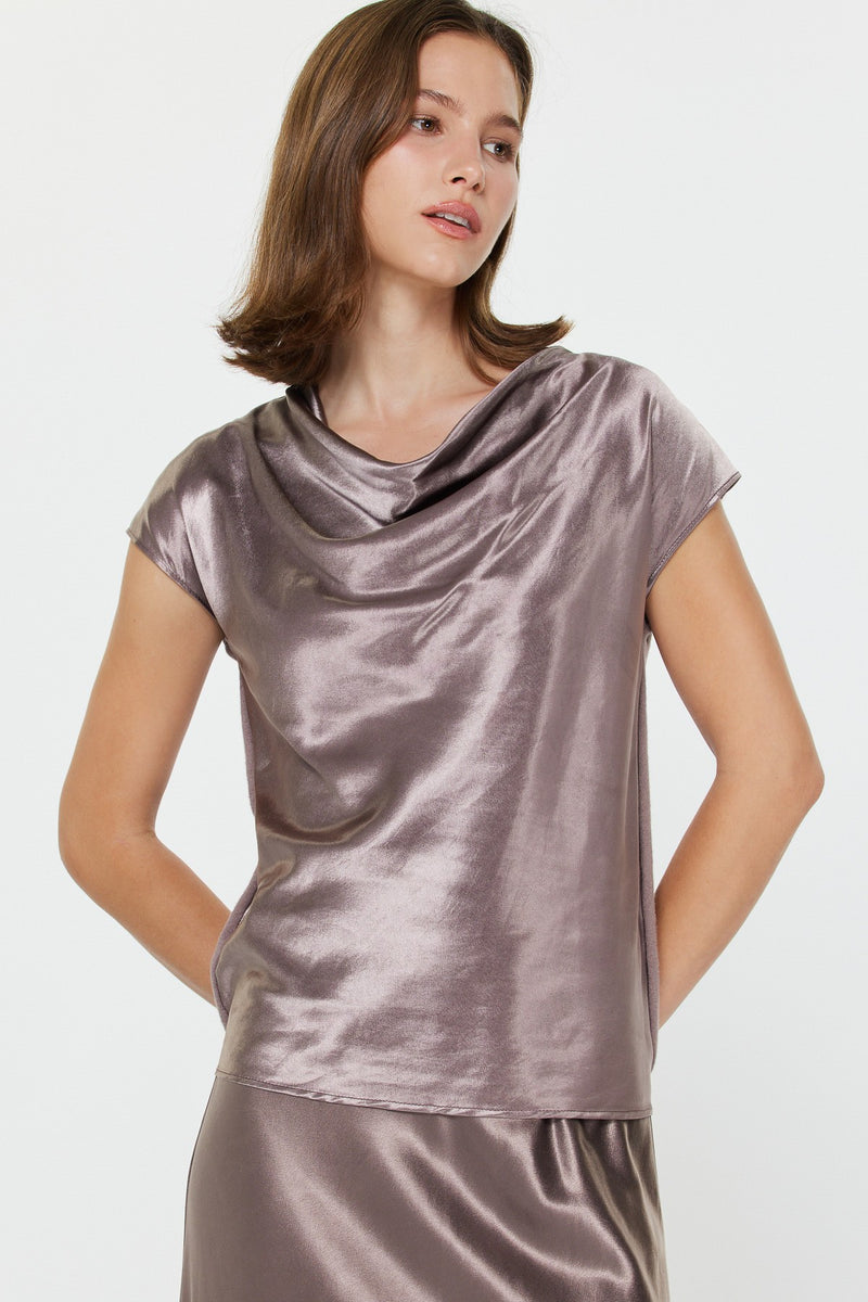 Satin Cowl Neck Cap Sleeve Top - Mocha