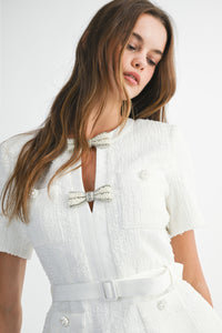 Pearl Bow Embellished Tweed Belted Two-Piece Set in Ivory