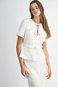 Pearl Bow Embellished Tweed Belted Two-Piece Set in Ivory