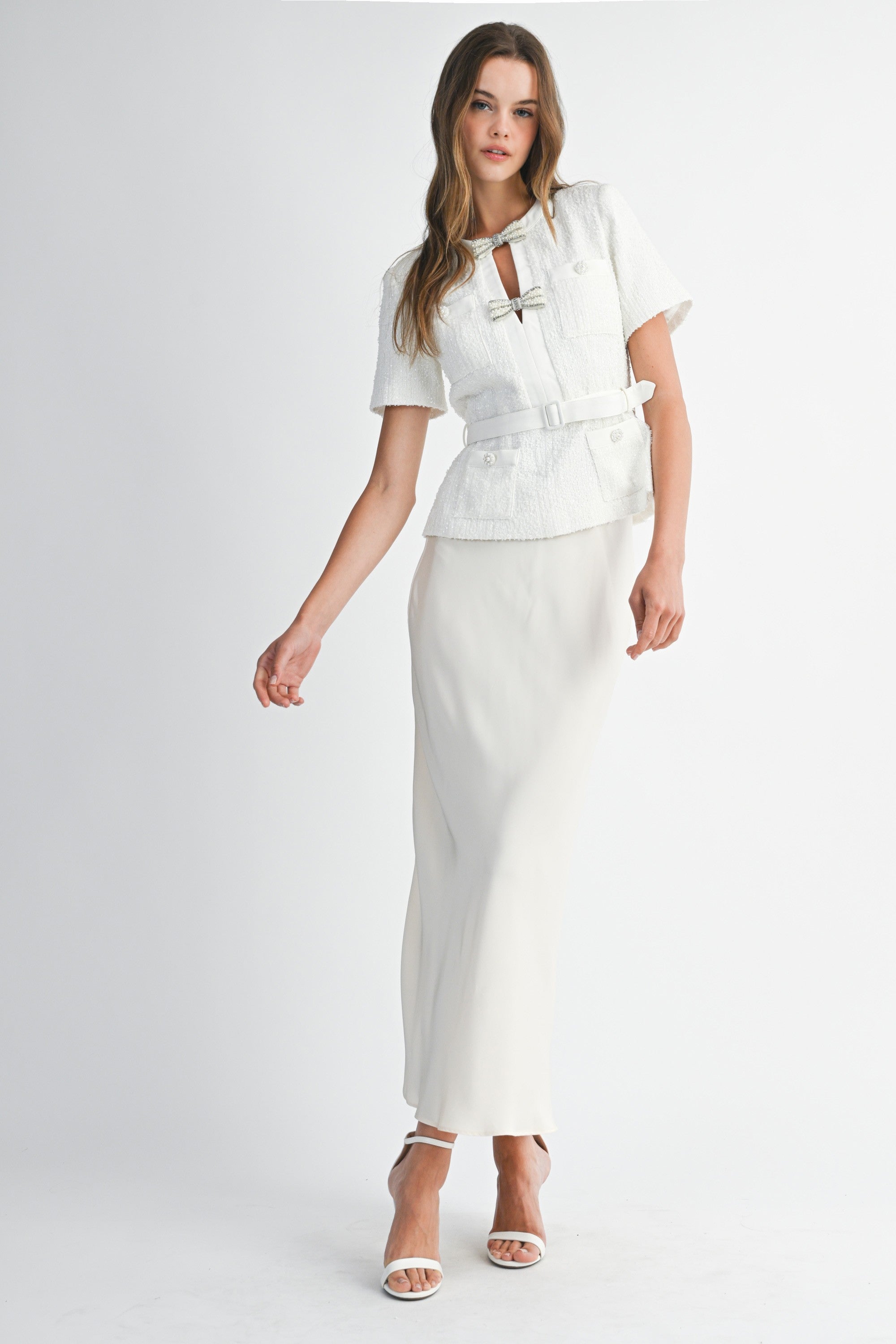 Pearl Bow Embellished Tweed Belted Two-Piece Set in Ivory