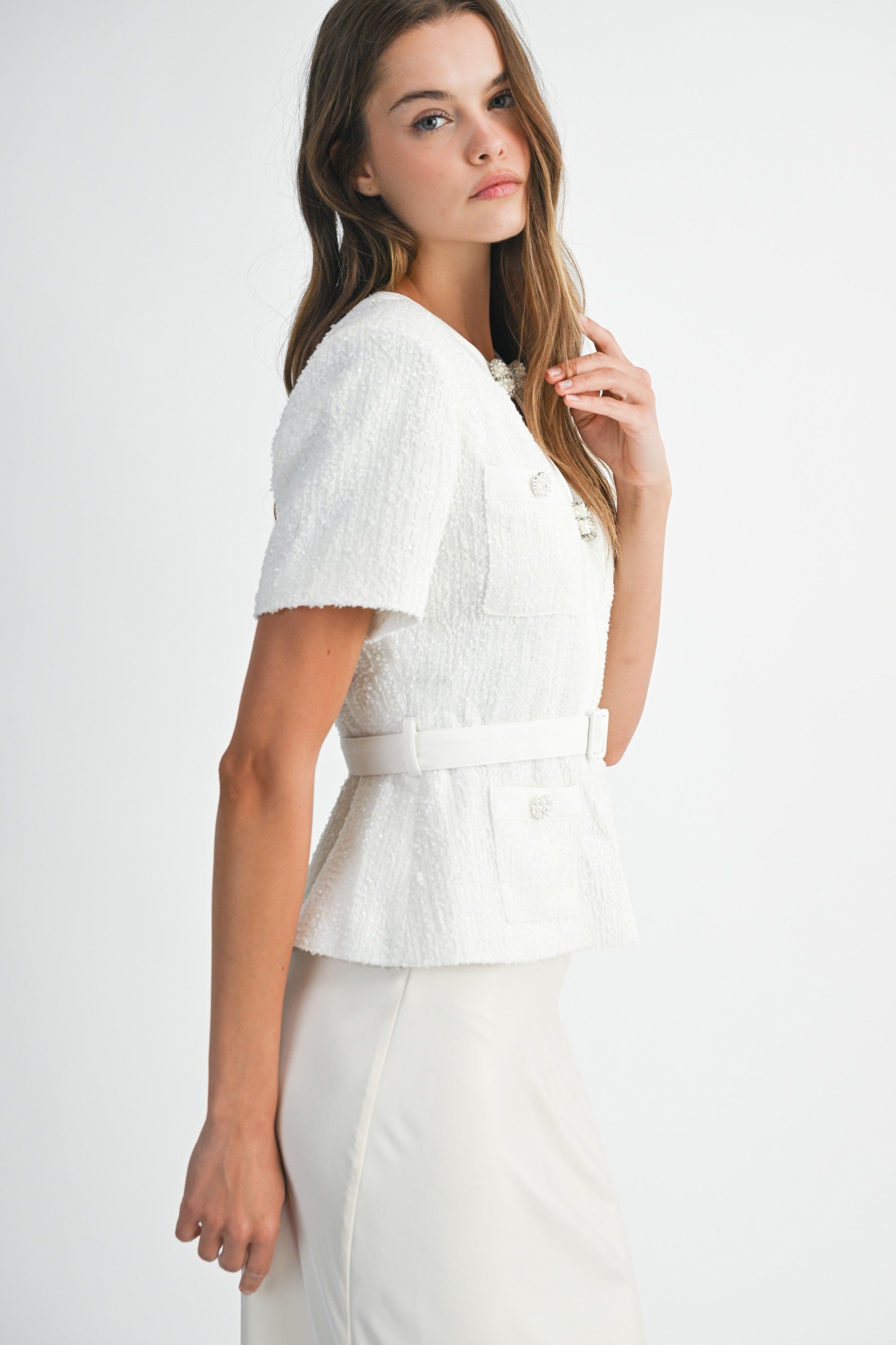 Pearl Bow Embellished Tweed Belted Two-Piece Set in Ivory