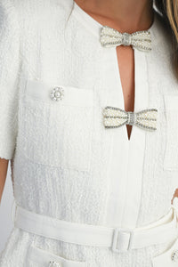 Pearl Bow Embellished Tweed Belted Two-Piece Set in Ivory