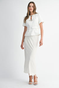 Pearl Bow Embellished Tweed Belted Two-Piece Set in Ivory
