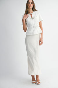 Pearl Bow Embellished Tweed Belted Two-Piece Set in Ivory
