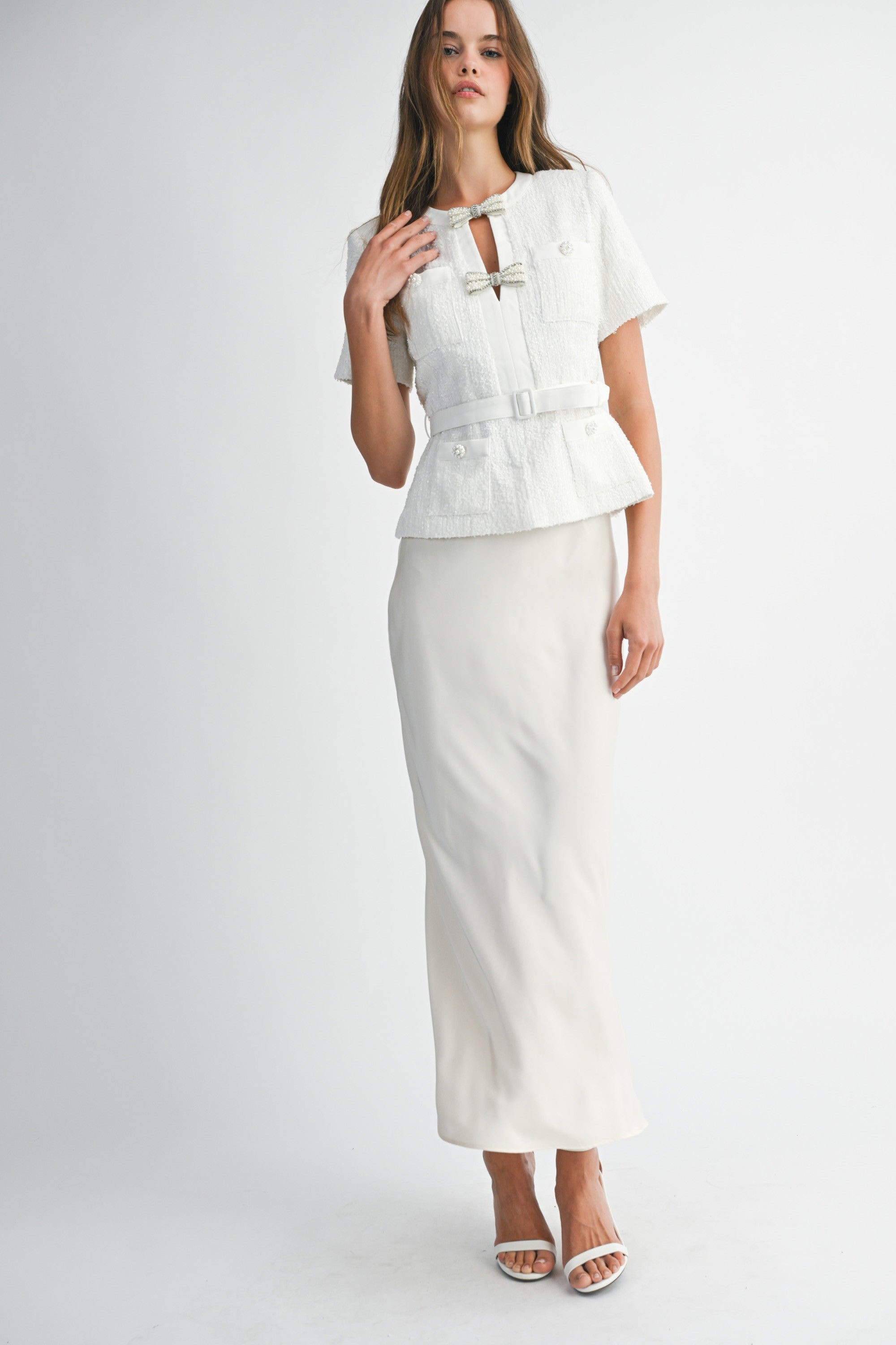 Pearl Bow Embellished Tweed Belted Two-Piece Set in Ivory