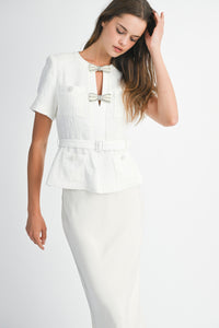 Pearl Bow Embellished Tweed Belted Two-Piece Set in Ivory