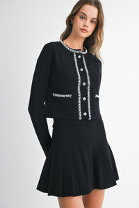 Black Pearl Embellished Knit Cardigan and Pleated Skirt Set