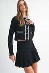 Black Pearl Embellished Knit Cardigan and Pleated Skirt Set