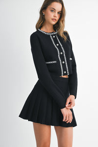 Black Pearl Embellished Knit Cardigan and Pleated Skirt Set