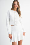 White Pearl Embellished Knit Cardigan and Pleated Skirt Set