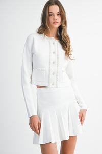White Pearl Embellished Knit Cardigan and Pleated Skirt Set