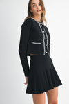Black Pearl Embellished Knit Cardigan and Pleated Skirt Set