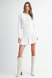 White Pearl Embellished Knit Cardigan and Pleated Skirt Set