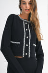 Black Pearl Embellished Knit Cardigan and Pleated Skirt Set