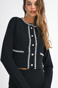 Black Pearl Embellished Knit Cardigan and Pleated Skirt Set