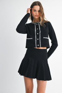 Black Pearl Embellished Knit Cardigan and Pleated Skirt Set
