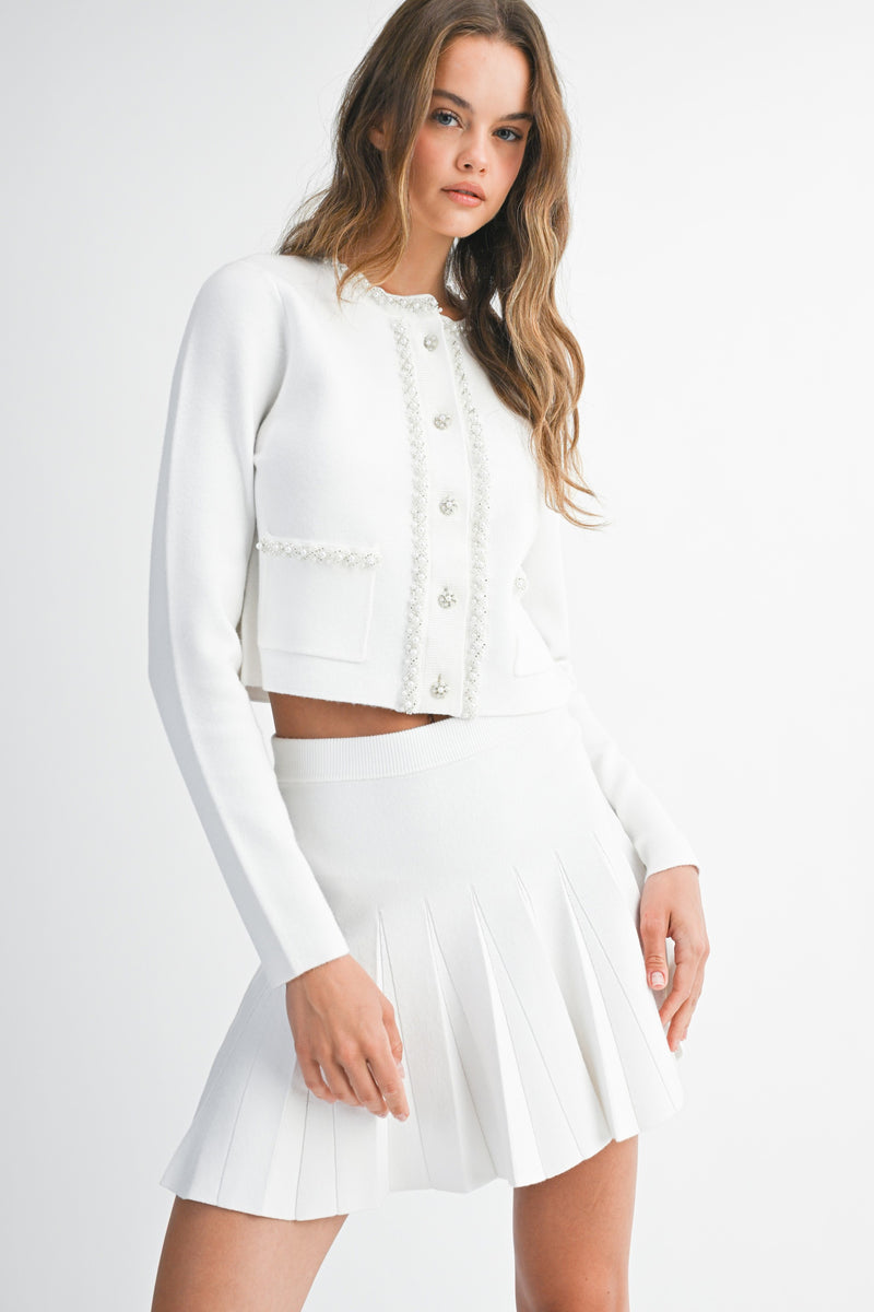 White Pearl Embellished Knit Cardigan and Pleated Skirt Set
