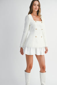 White Tweed Blazer and Skirt Matching Set with Gold Button Detail