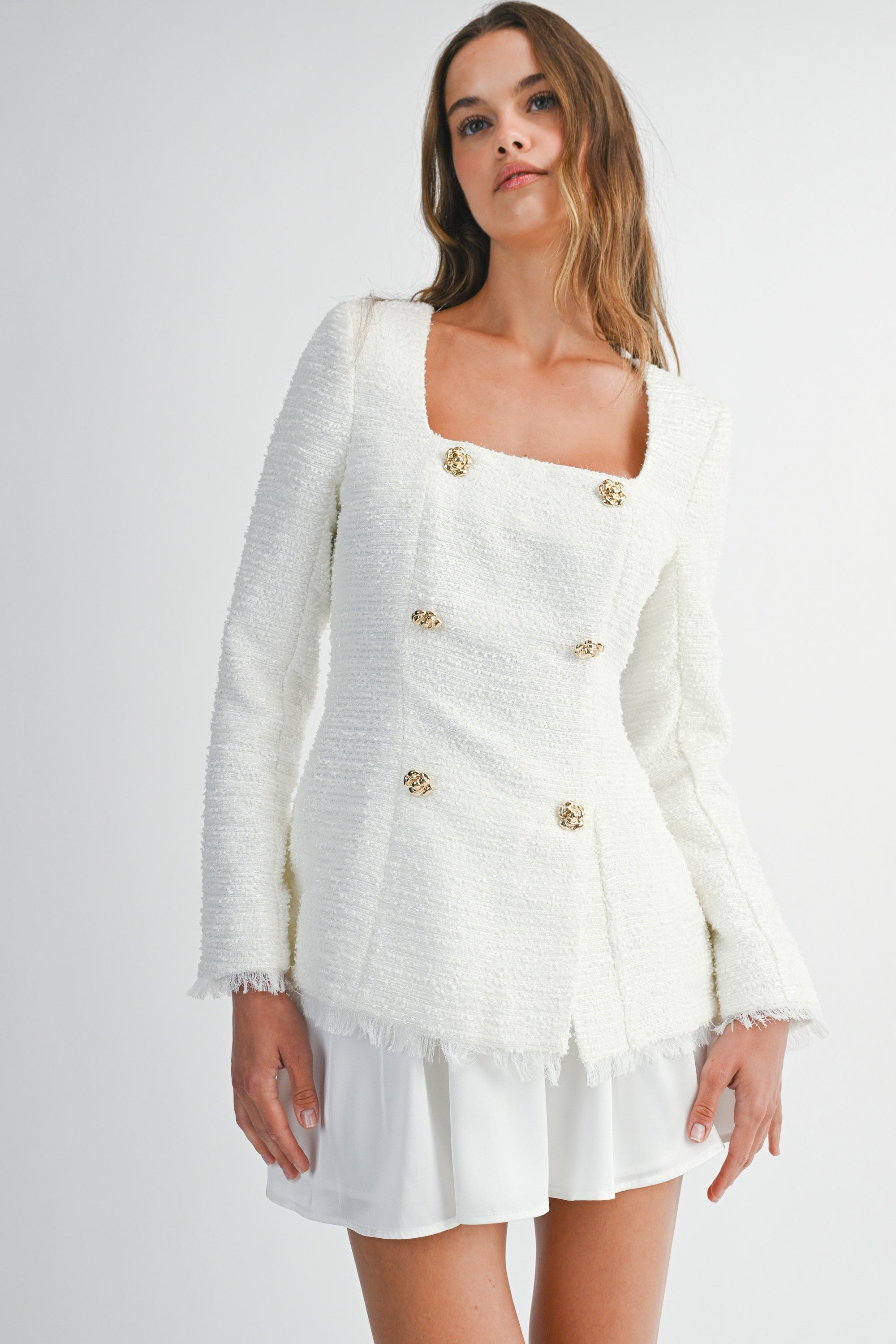 White Tweed Blazer and Skirt Matching Set with Gold Button Detail