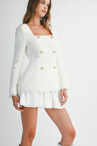 White Tweed Blazer and Skirt Matching Set with Gold Button Detail