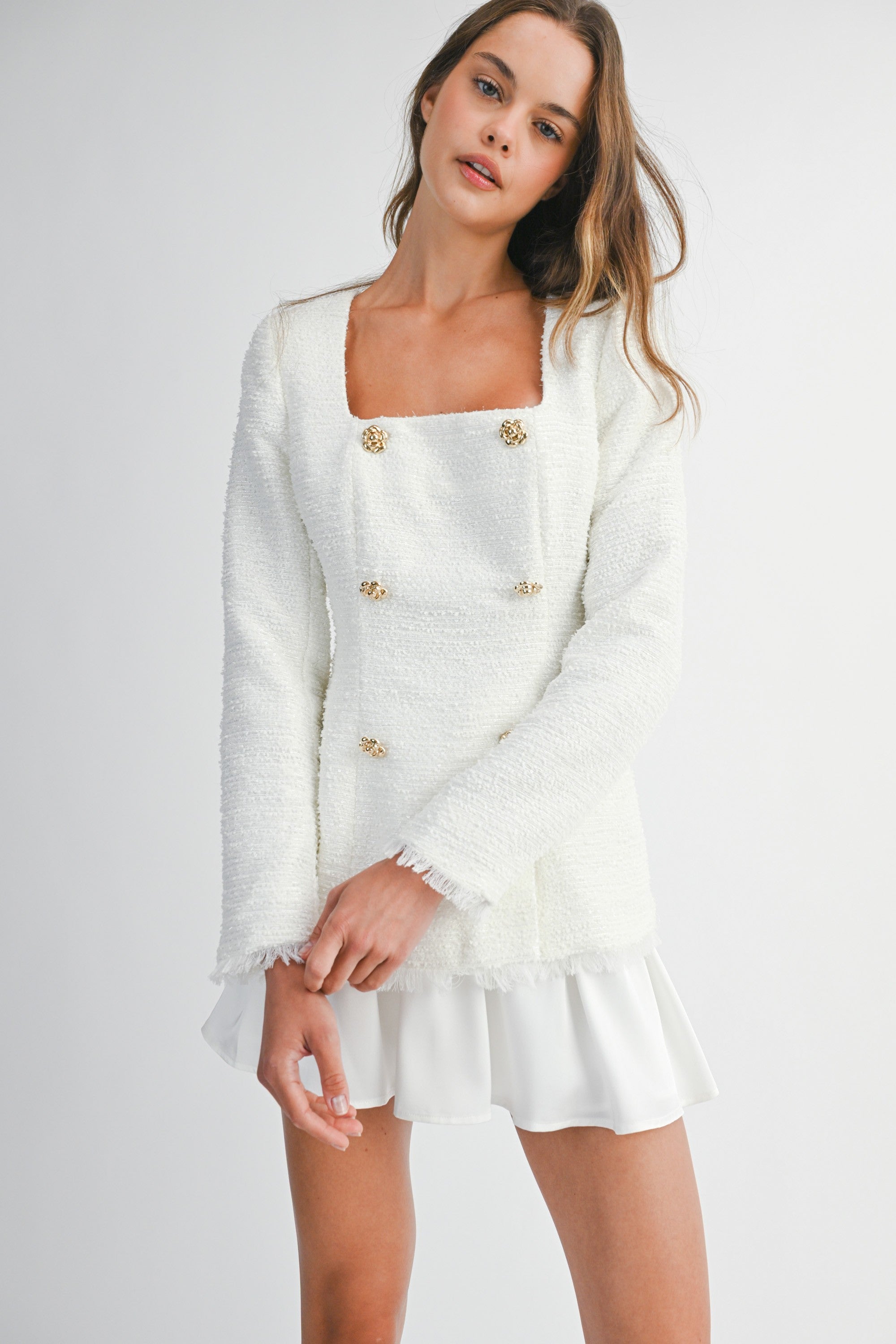 White Tweed Blazer and Skirt Matching Set with Gold Button Detail