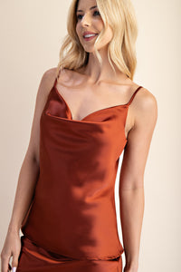 Orange Satin Adjustable Cowl Neck Camisole