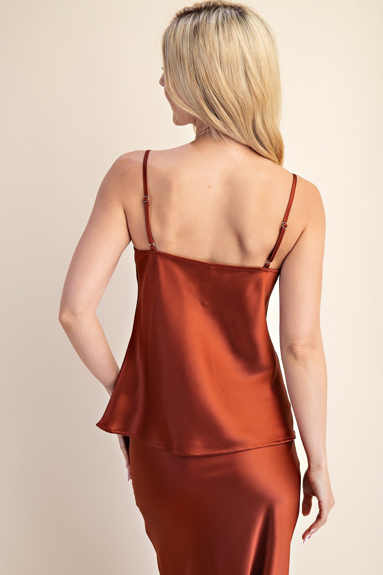 Orange Satin Adjustable Cowl Neck Camisole