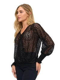 Black Sheer Lace V-Neck Long Sleeve Blouse Top