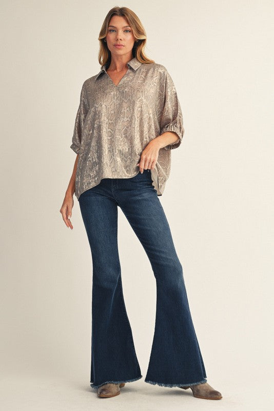 Metallic Animal Relaxed Collared Blouse