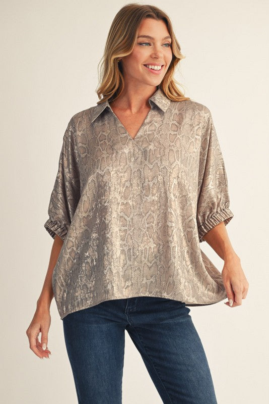 Metallic Animal Relaxed Collared Blouse