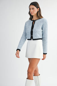 Powder Blue Textured Button Cardigan with Black Trim